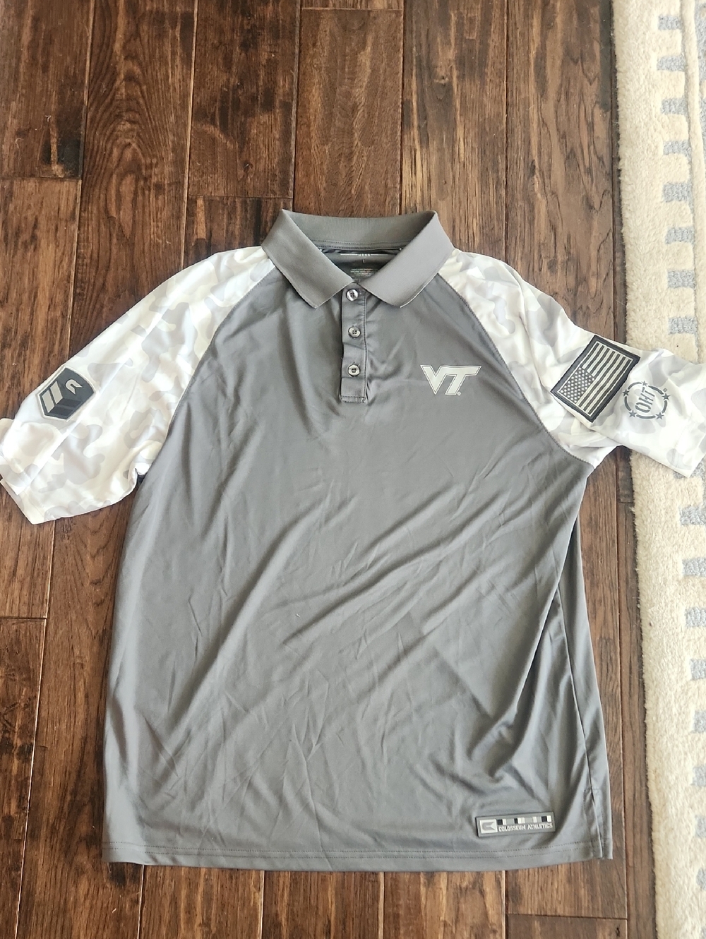 Virginia Tech Grey Performance Polo with White Camo Sleeves